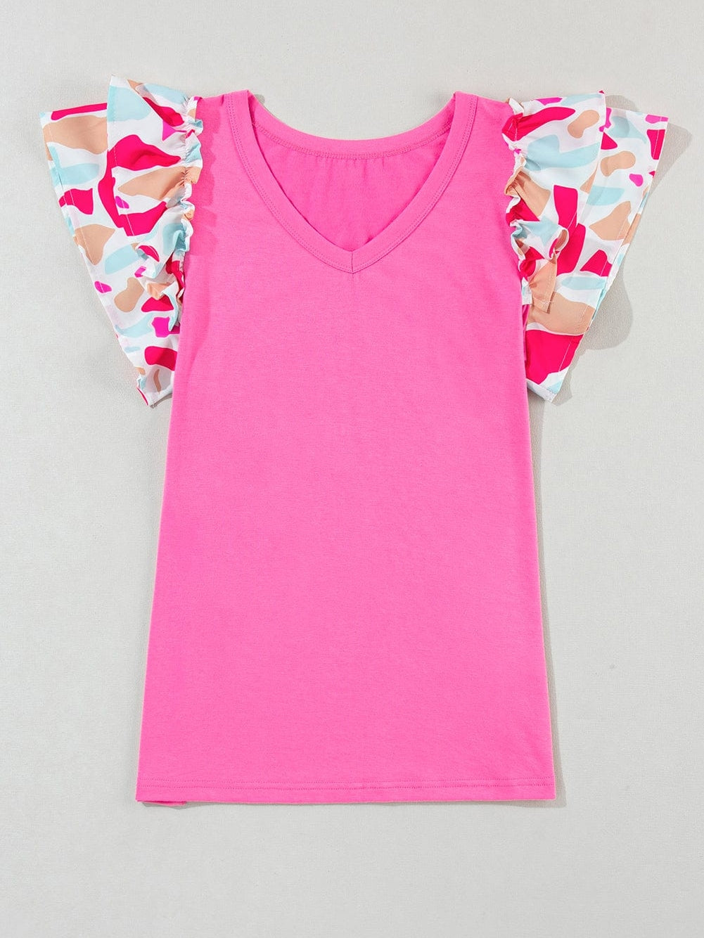 Bonbon Abstract Print Ruffle Sleeve V-Neck T-shirt