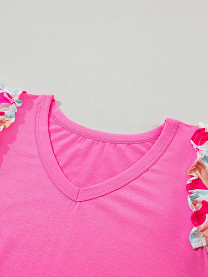 Bonbon Abstract Print Ruffle Sleeve V-Neck T-shirt