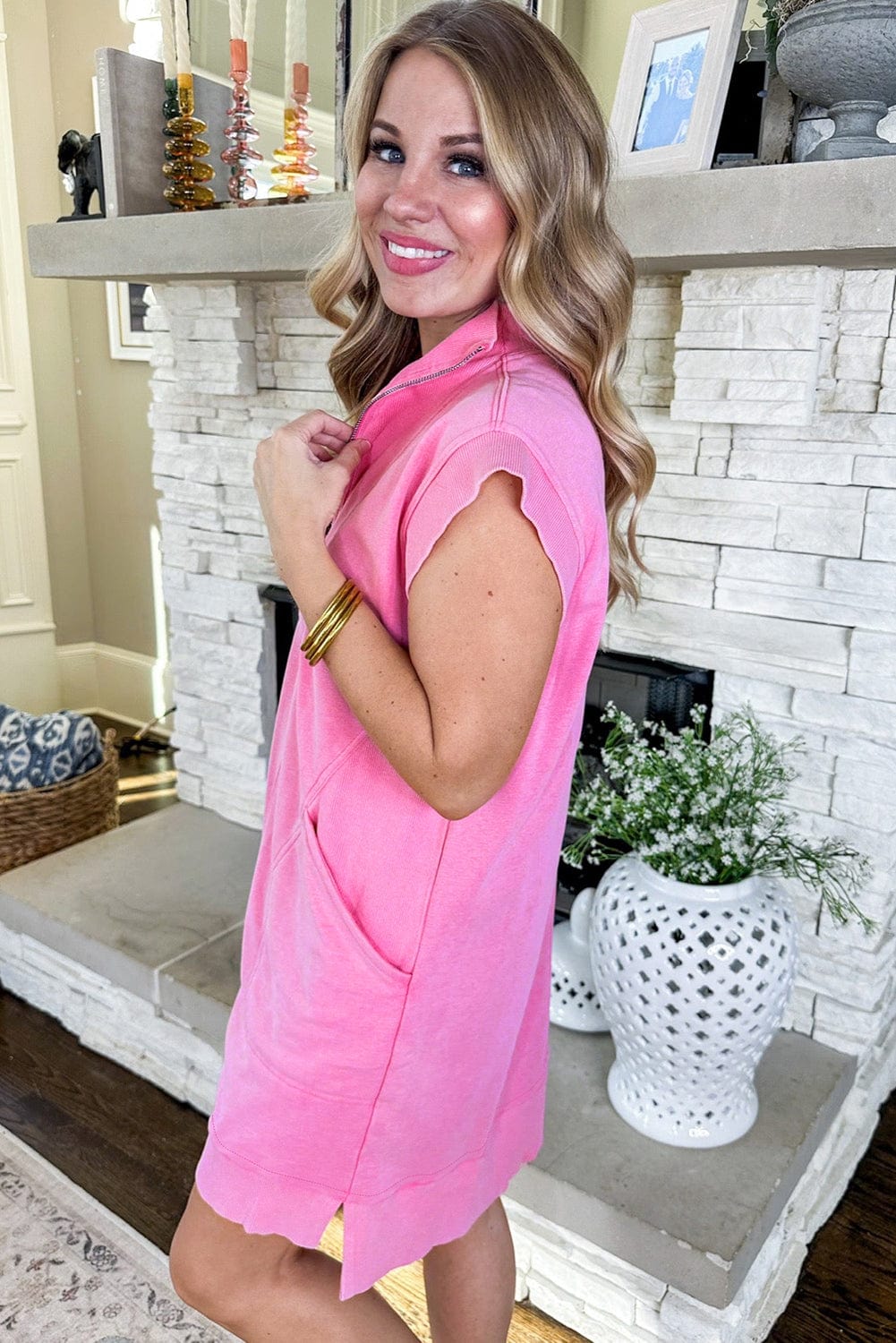 Bonbon Cap Sleeve Mini Sweatshirt Dress with Zippered Pocket