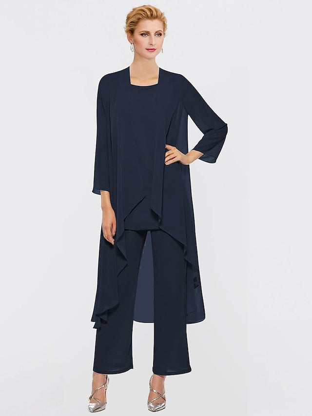 Jumpsuit / Pantsuit Mother of the Bride Dress Plus Size Elegant Bateau Neck Floor Length Chiffon Sleeveless Wrap Included with Solid Color 2023 - LuckyFash™