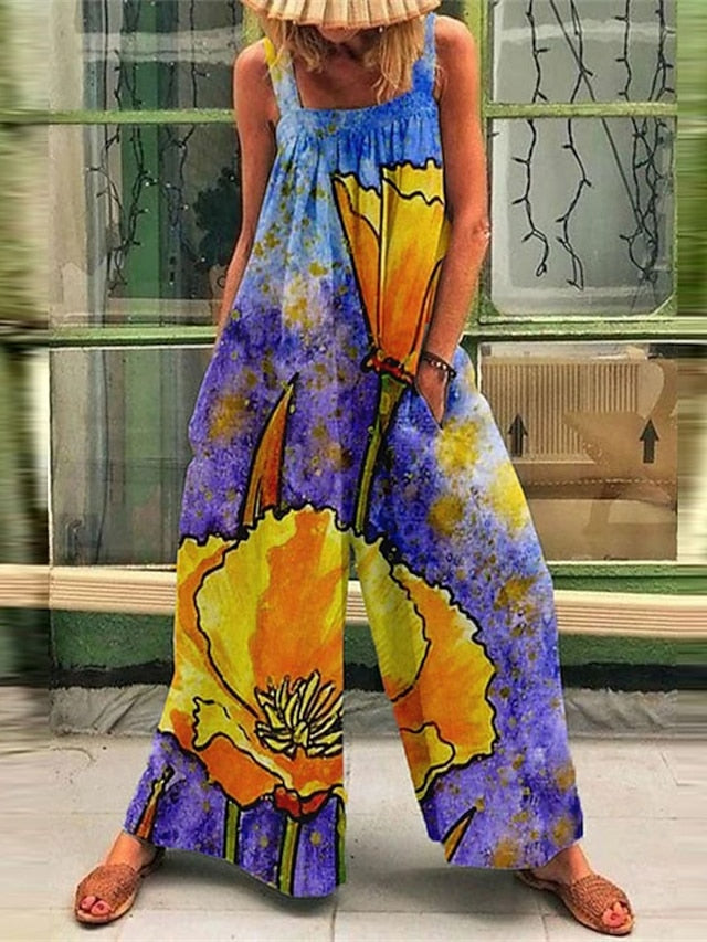 Women's Jumpsuits Casual Summer Overall Pocket Print Floral Square Neck Casual Street Daily Wide Leg Regular Fit Sleeveless Green Blue Pink S M L Spring - LuckyFash™