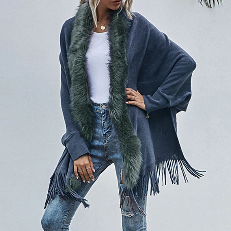 Women's Poncho Sweater Open Front Ribbed Knit Acrylic Tassel Knitted Fall Winter Tunic Outdoor Daily Going out Stylish Casual Soft Long Sleeve Pure Color Black Pink Wine S M L