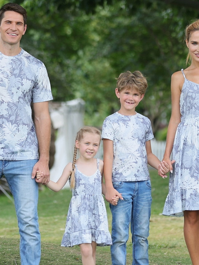 Family Dresses T shirt Family Sets Graphic Leaf Daily Ruched Gray Sleeveless Midi Strap Dress Active Matching Outfits - LuckyFash™