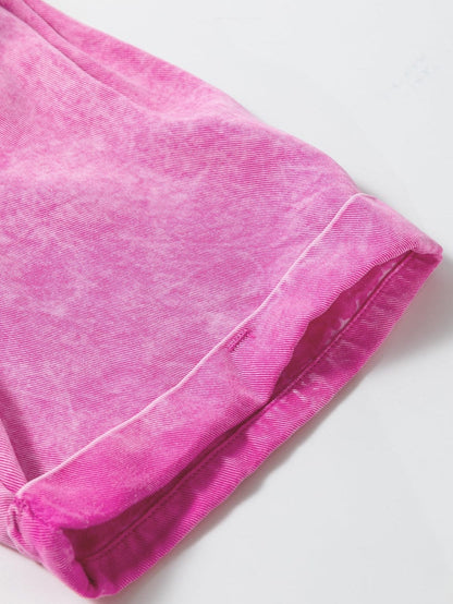 Bright Pink Mineral Wash Denim Top with Split Neck and Pocket Detail