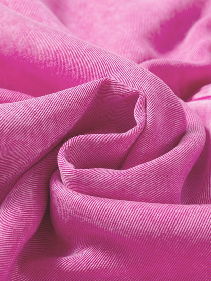 Bright Pink Mineral Wash Denim Top with Split Neck and Pocket Detail