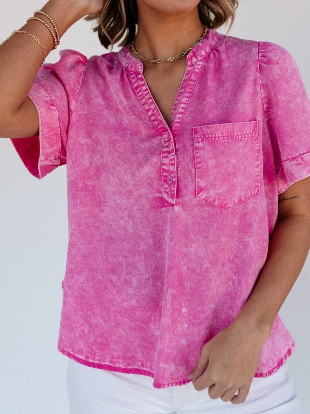 Bright Pink Mineral Wash Denim Top with Split Neck and Pocket Detail