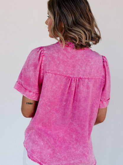 Bright Pink Mineral Wash Denim Top with Split Neck and Pocket Detail