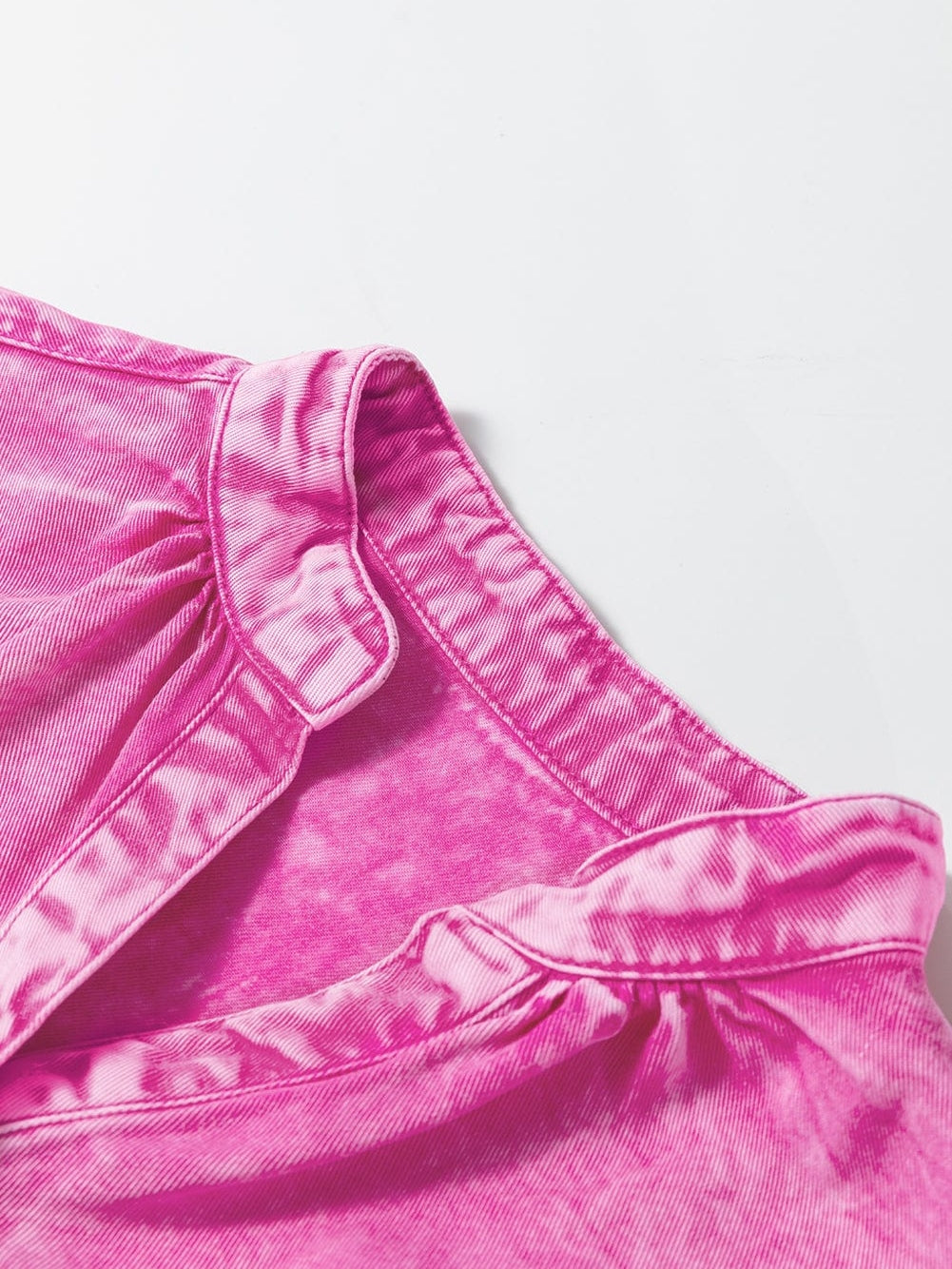 Bright Pink Mineral Wash Denim Top with Split Neck and Pocket Detail