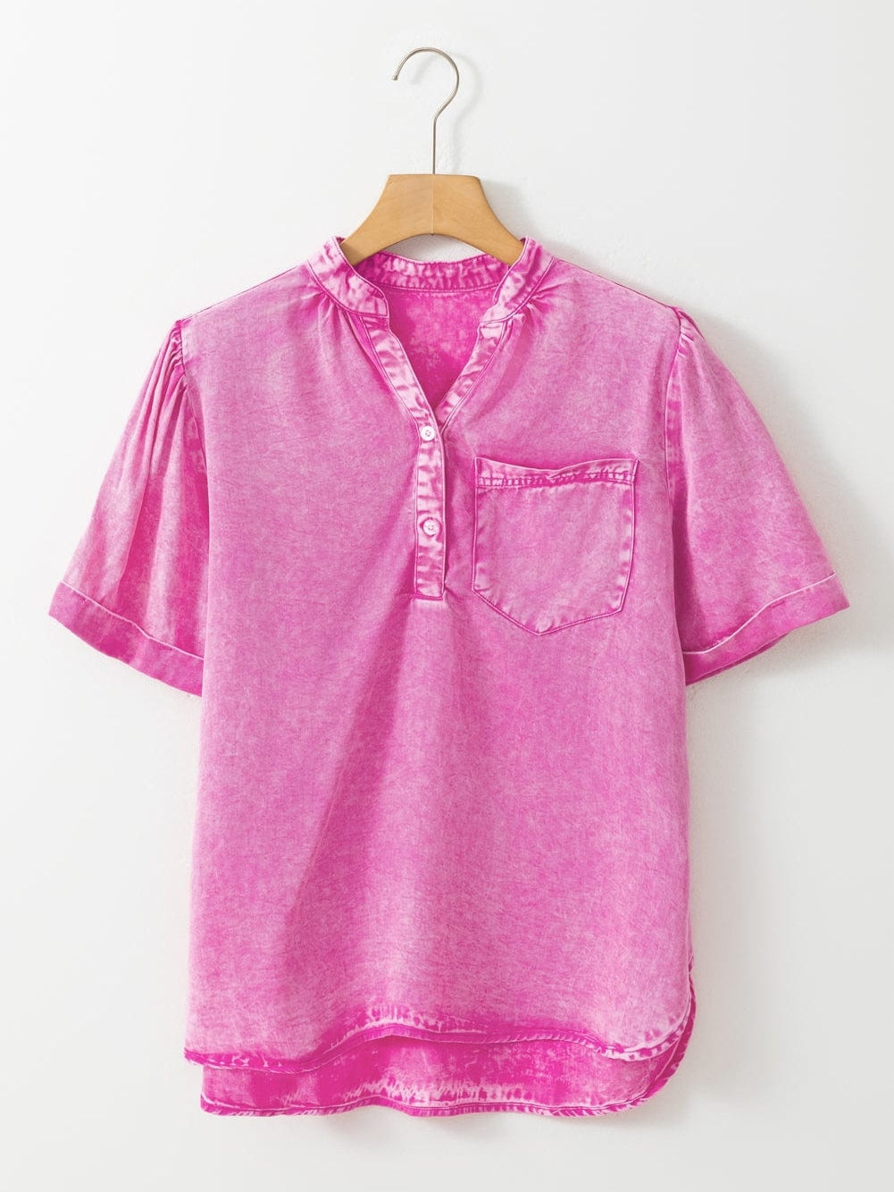 Bright Pink Mineral Wash Denim Top with Split Neck and Pocket Detail