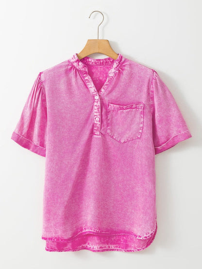 Bright Pink Mineral Wash Denim Top with Split Neck and Pocket Detail
