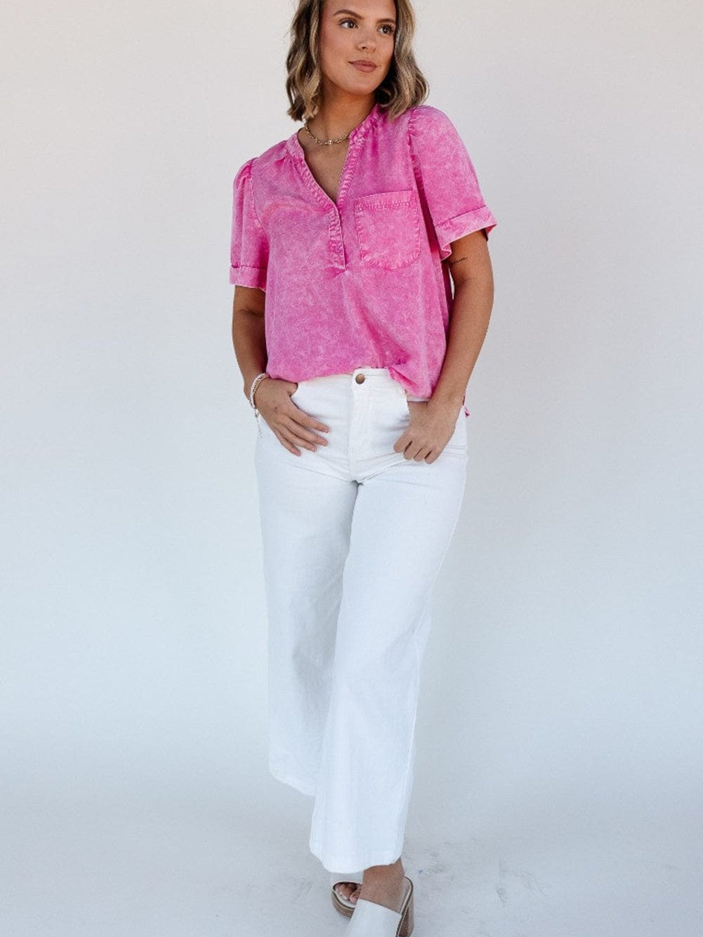 Bright Pink Mineral Wash Denim Top with Split Neck and Pocket Detail