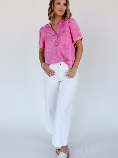 Bright Pink Mineral Wash Denim Top with Split Neck and Pocket Detail