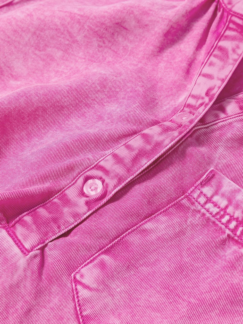 Bright Pink Mineral Wash Denim Top with Split Neck and Pocket Detail