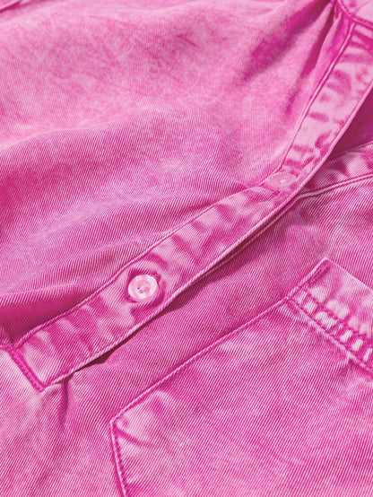 Bright Pink Mineral Wash Denim Top with Split Neck and Pocket Detail