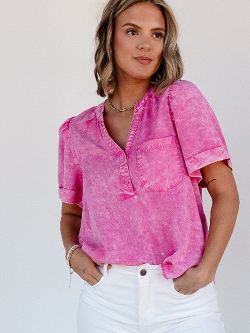 Bright Pink Mineral Wash Denim Top with Split Neck and Pocket Detail