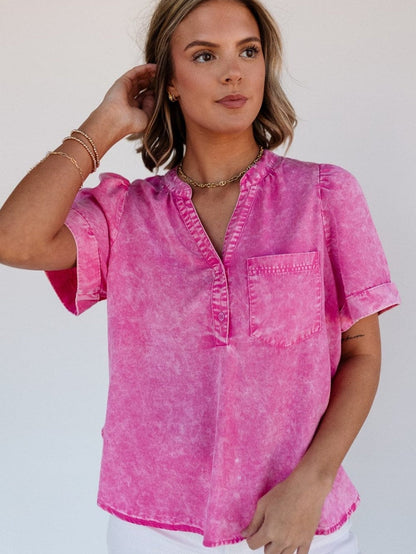 Bright Pink Mineral Wash Denim Top with Split Neck and Pocket Detail