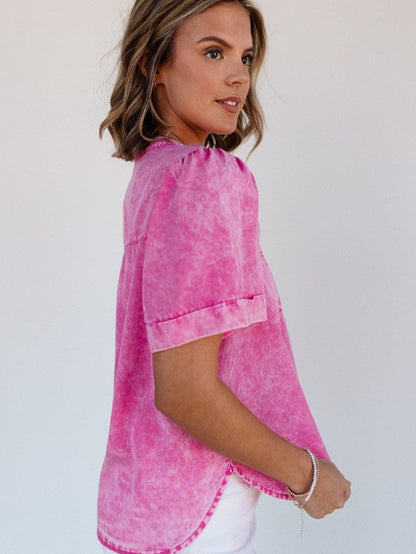 Bright Pink Mineral Wash Denim Top with Split Neck and Pocket Detail