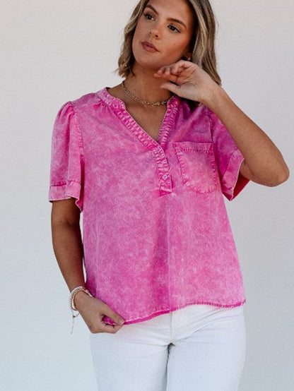 Bright Pink Mineral Wash Denim Top with Split Neck and Pocket Detail
