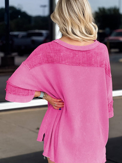 Bright Pink Oversized Mineral Wash Textured Bracelet Sleeve Top