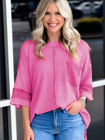 Bright Pink Oversized Mineral Wash Textured Bracelet Sleeve Top