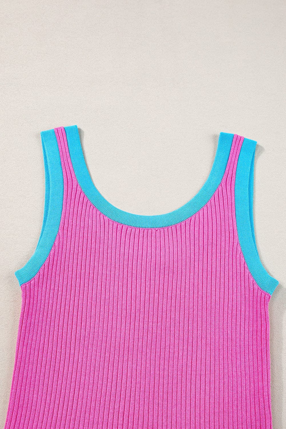 Bright Pink Ribbed Knit U Neck Tank Top with Colorblock Detail