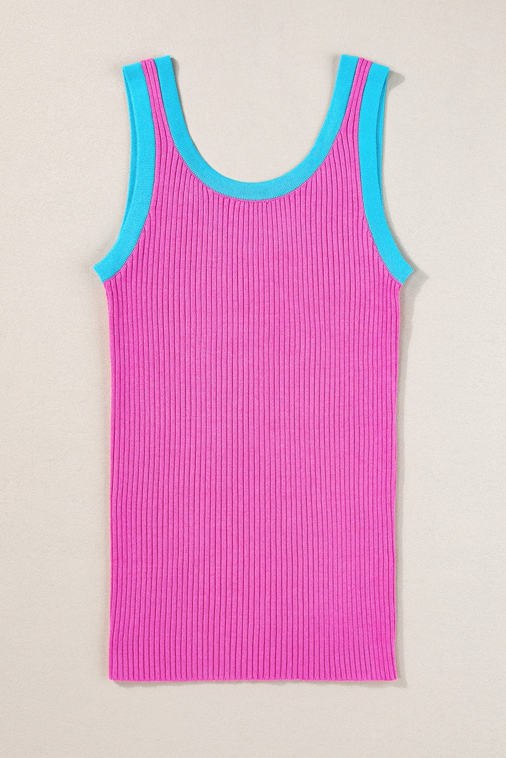 Bright Pink Ribbed Knit U Neck Tank Top with Colorblock Detail