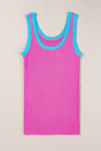 Bright Pink Ribbed Knit U Neck Tank Top with Colorblock Detail