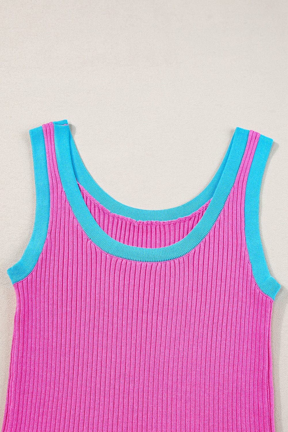 Bright Pink Ribbed Knit U Neck Tank Top with Colorblock Detail