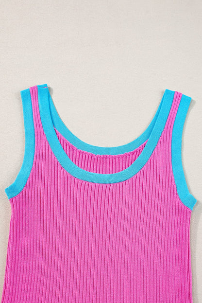 Bright Pink Ribbed Knit U Neck Tank Top with Colorblock Detail