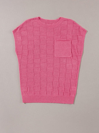Bright Pink Textured Lattice Knit Short Sleeve Sweater