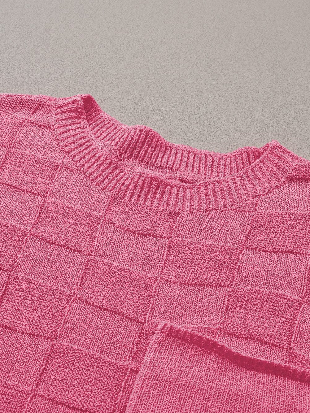 Bright Pink Textured Lattice Knit Short Sleeve Sweater