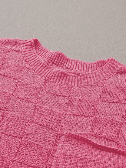 Bright Pink Textured Lattice Knit Short Sleeve Sweater