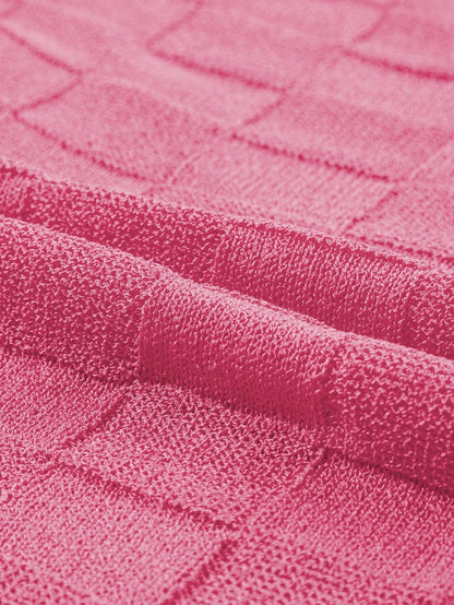 Bright Pink Textured Lattice Knit Short Sleeve Sweater