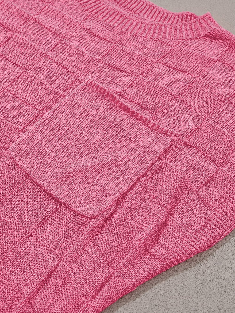 Bright Pink Textured Lattice Knit Short Sleeve Sweater