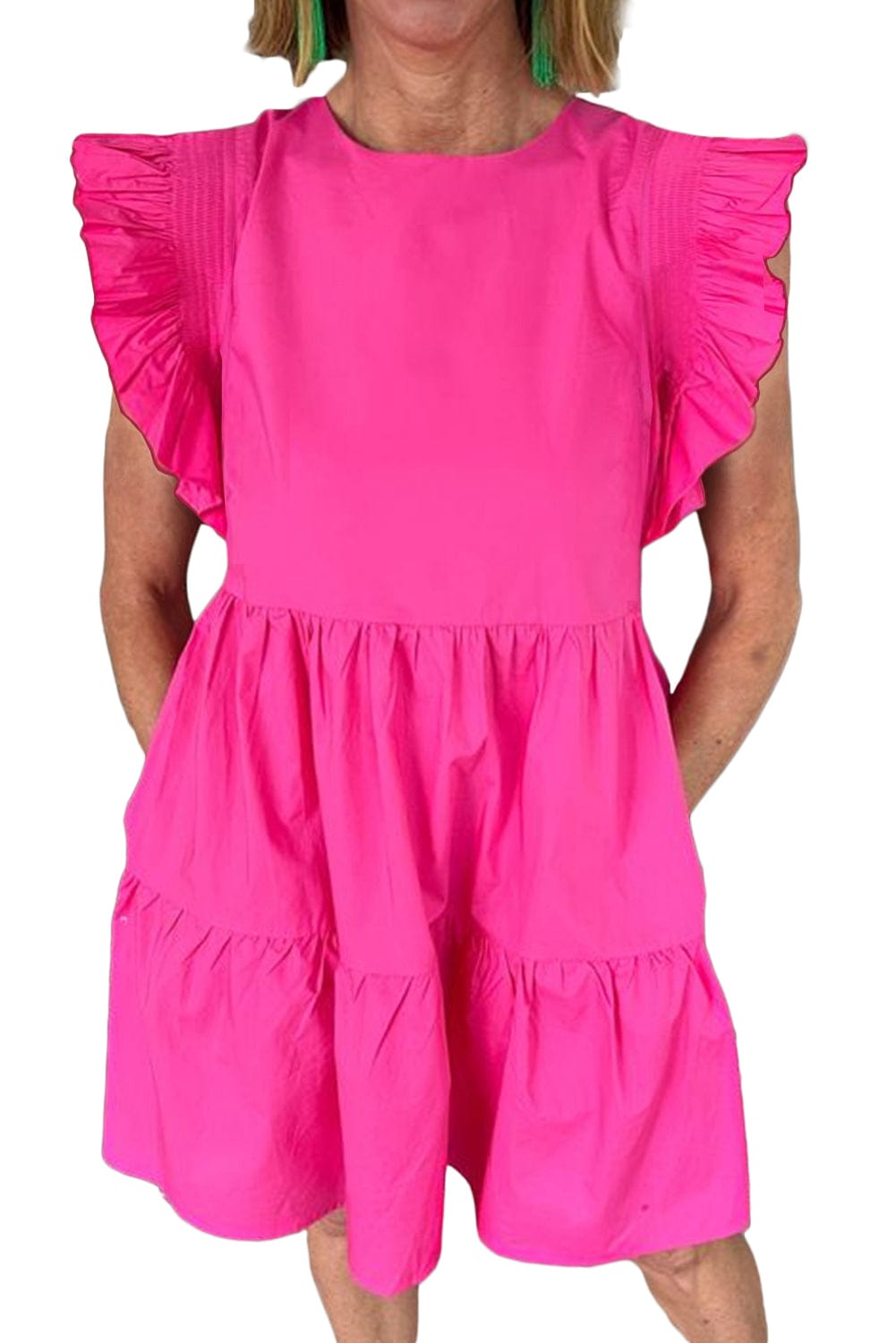 Bright Pink Tiered Babydoll Flutter Mini Dress