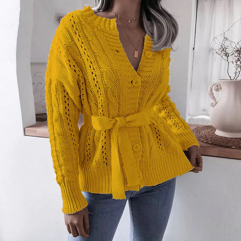 Women's Cardigan Sweater Jumper Cable Knit Lace up Button Pure Color Crew Neck Stylish Casual Outdoor Daily Winter Fall Purple Yellow S M L / Cotton / Long Sleeve / Cotton / Holiday / Regular Fit