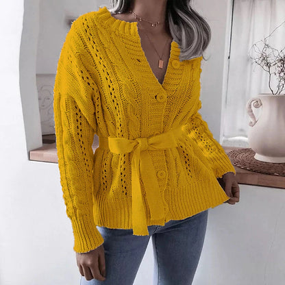 Women's Cardigan Sweater Jumper Cable Knit Lace up Button Pure Color Crew Neck Stylish Casual Outdoor Daily Winter Fall Purple Yellow S M L / Cotton / Long Sleeve / Cotton / Holiday / Regular Fit