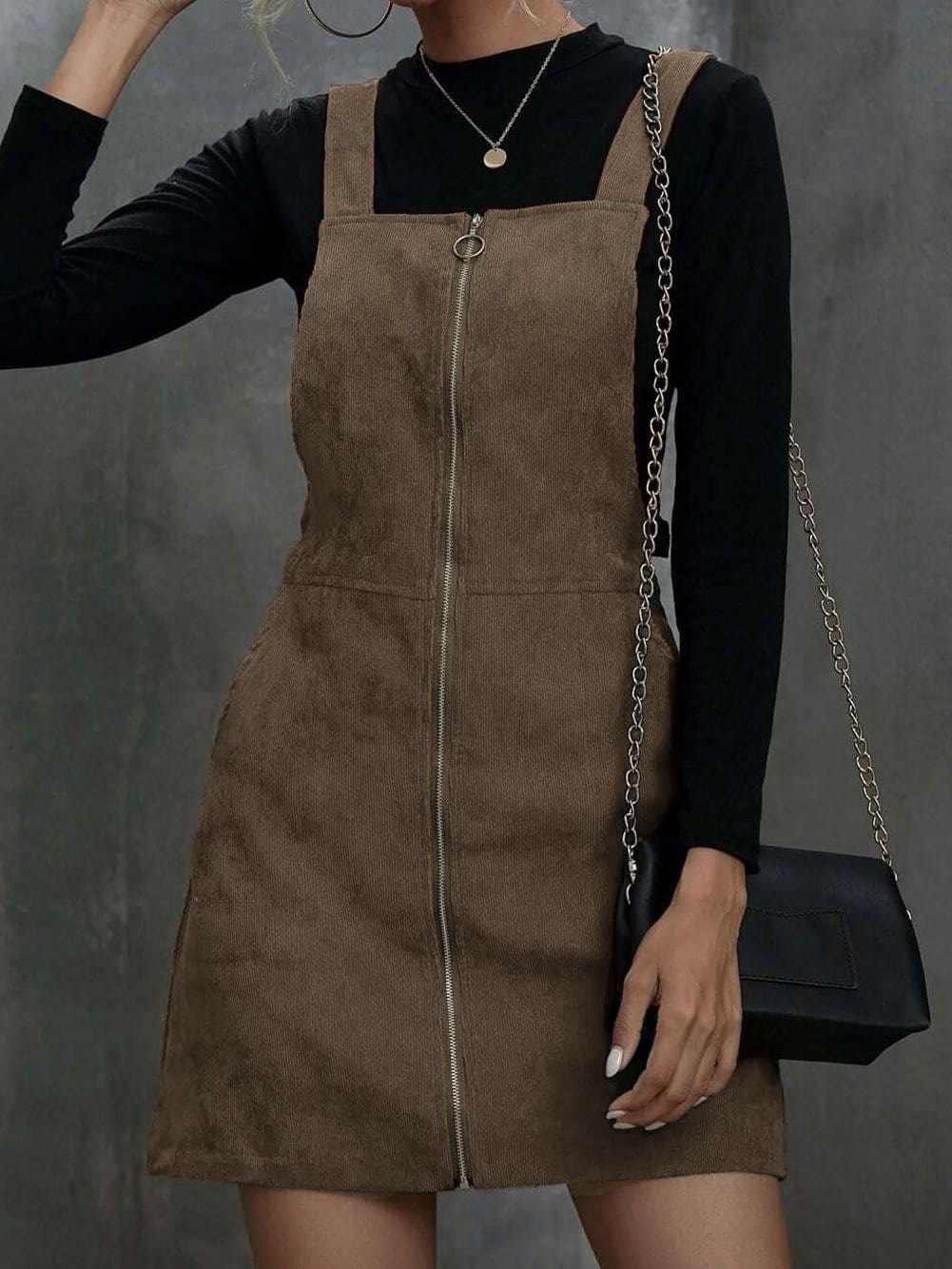 Brown Corduroy Pocketed Zip-Up Mini Dress with O-ring Detail
