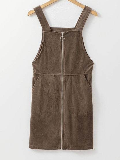 Brown Corduroy Pocketed Zip-Up Mini Dress with O-ring Detail
