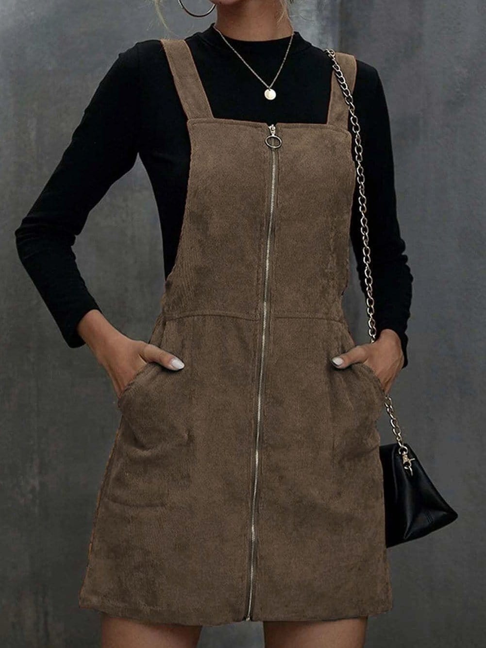 Brown Corduroy Pocketed Zip-Up Mini Dress with O-ring Detail