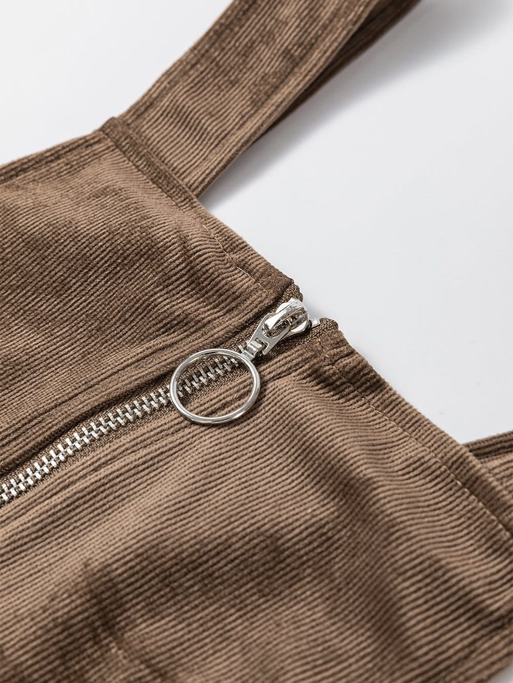 Brown Corduroy Pocketed Zip-Up Mini Dress with O-ring Detail