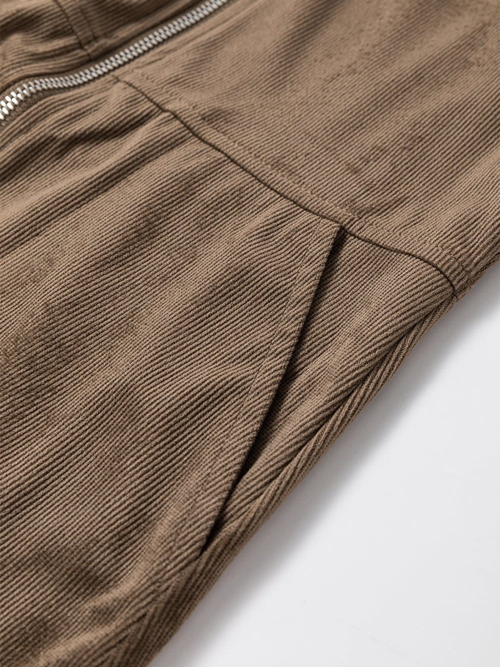 Brown Corduroy Pocketed Zip-Up Mini Dress with O-ring Detail