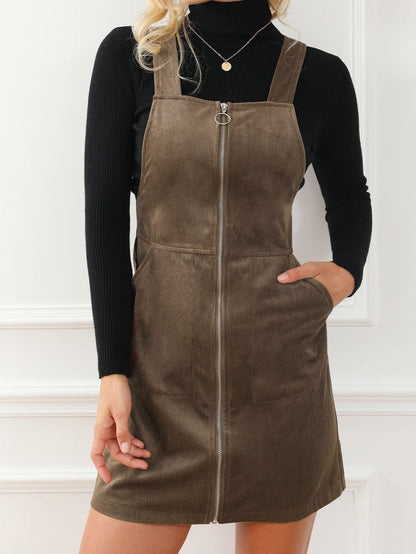 Brown Corduroy Pocketed Zip-Up Mini Dress with O-ring Detail