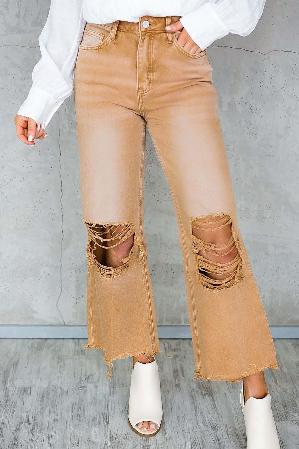 Brown Distressed Hollow-out Flared High Waist Denim Jeans