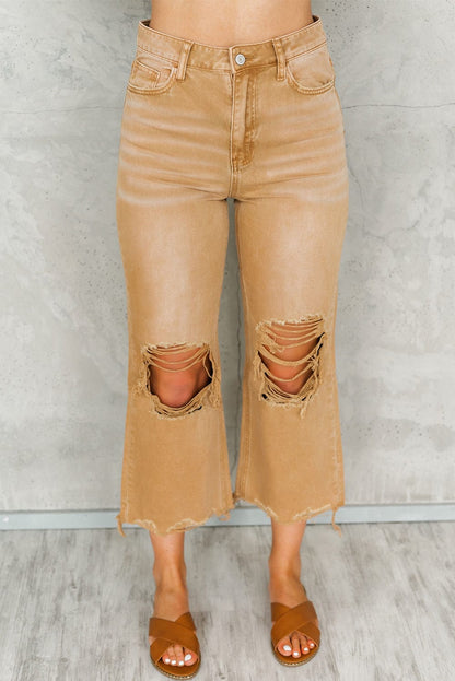 Brown Distressed Hollow-out Flared High Waist Denim Jeans