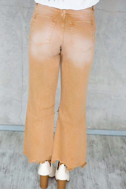 Brown Distressed Hollow-out Flared High Waist Denim Jeans