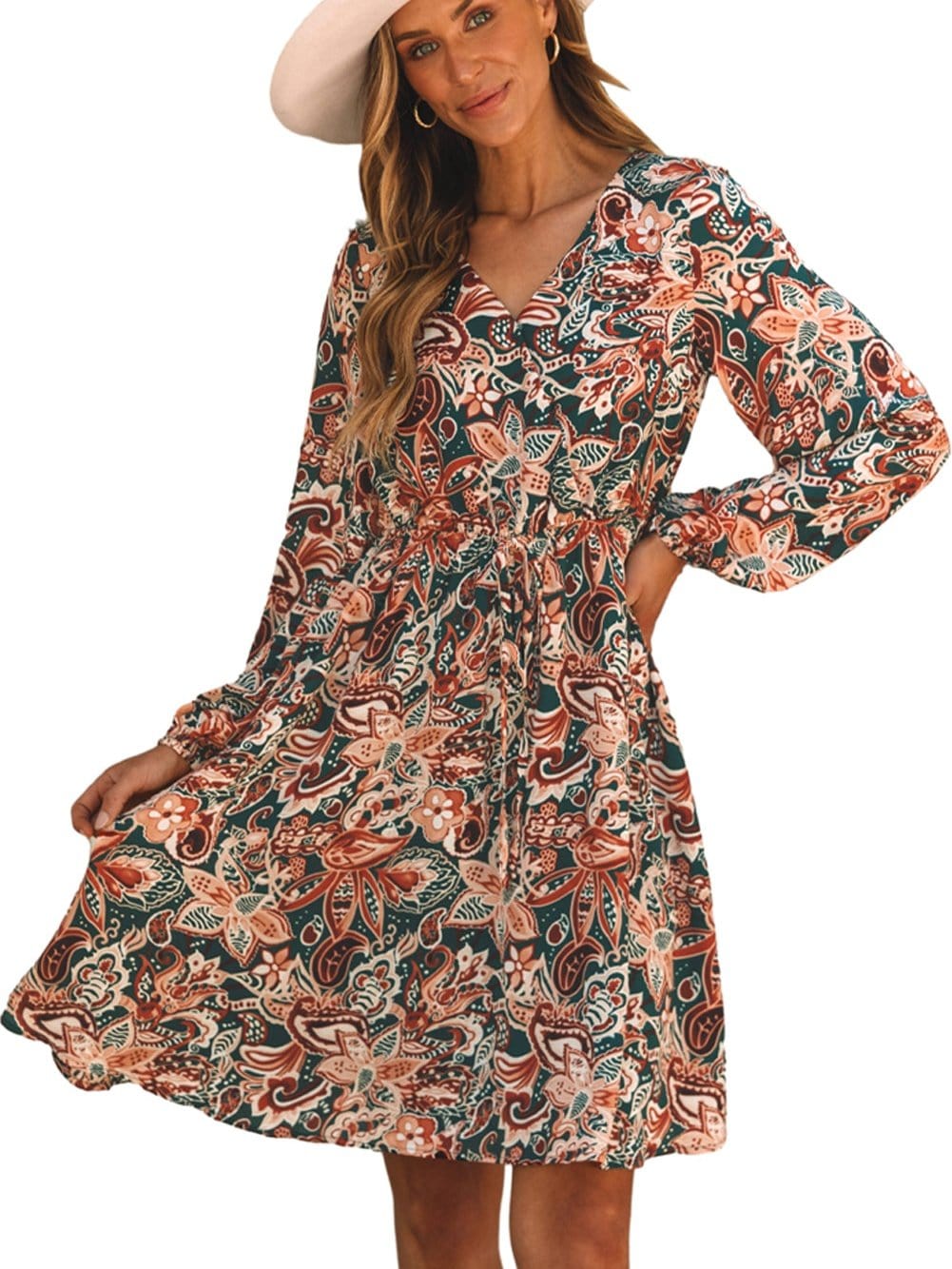 Brown Paisley Print Flowy Bohemian Mini Dress