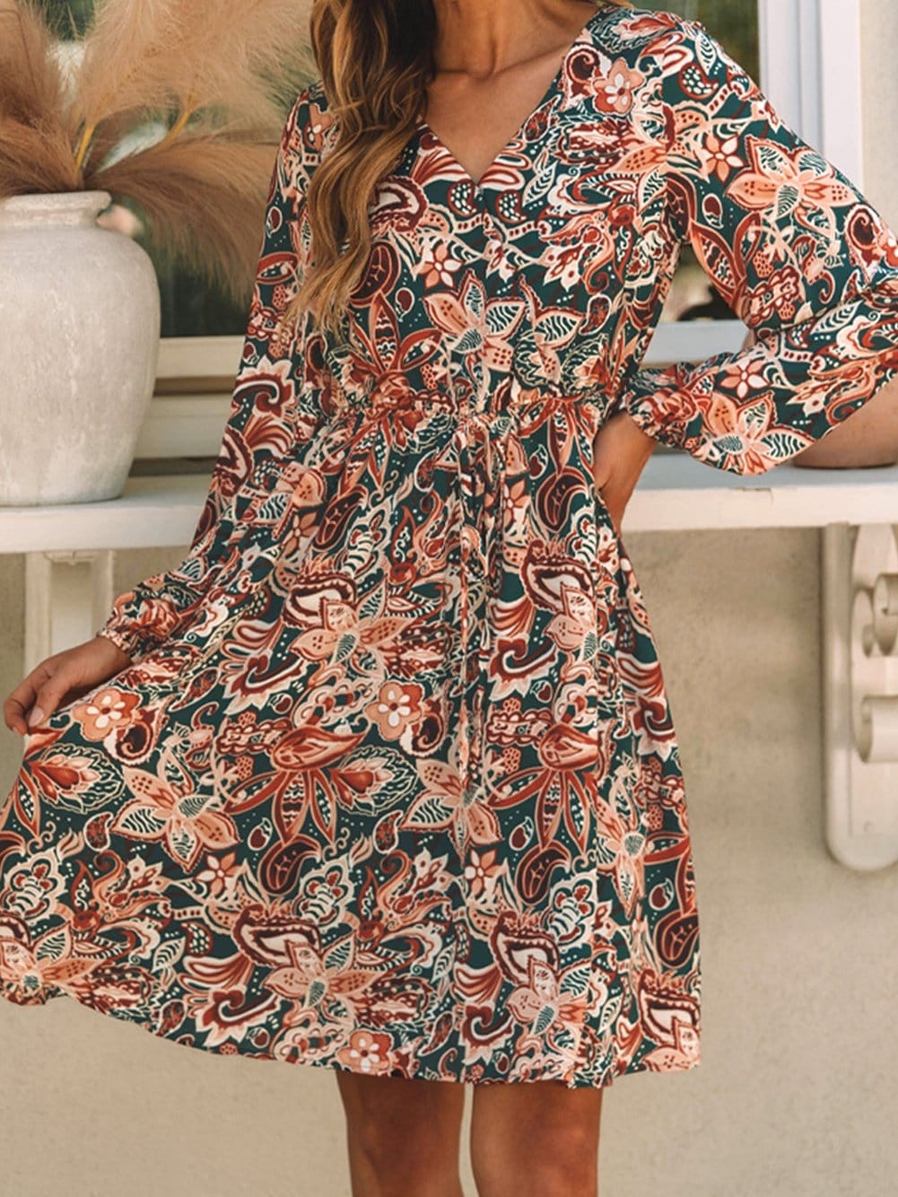 Brown Paisley Print Flowy Bohemian Mini Dress