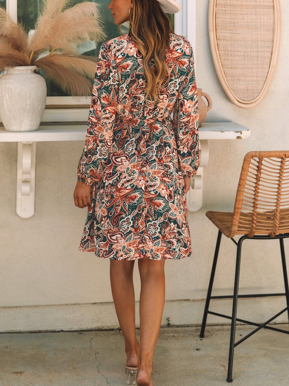 Brown Paisley Print Flowy Bohemian Mini Dress