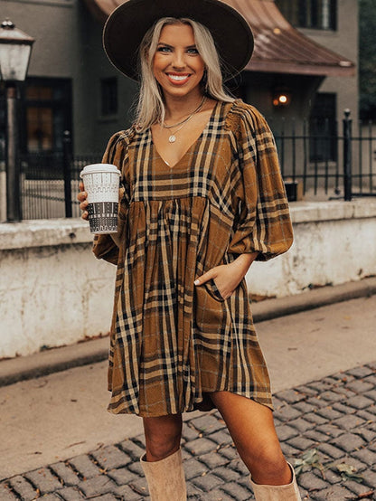 Brown Plaid Print Empire Waist Mini Dress